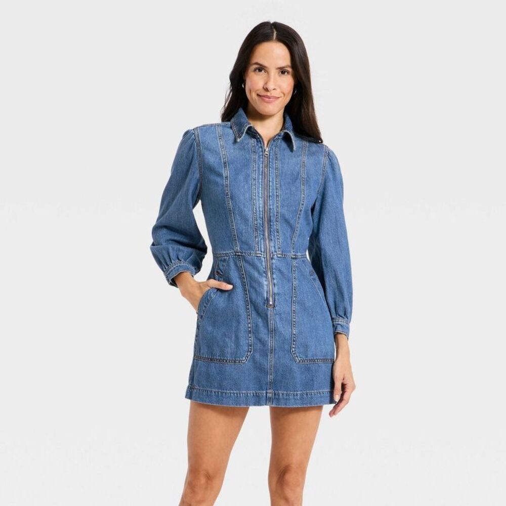 Women's Long Sleeve Zip Front Midi Denim Dress - Universal Thread Medium Wash S